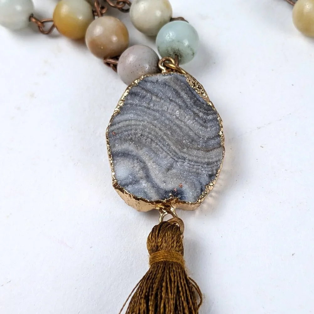Long Beaded Natural Stone Gold Tassel Necklace - Picture 4 of 7